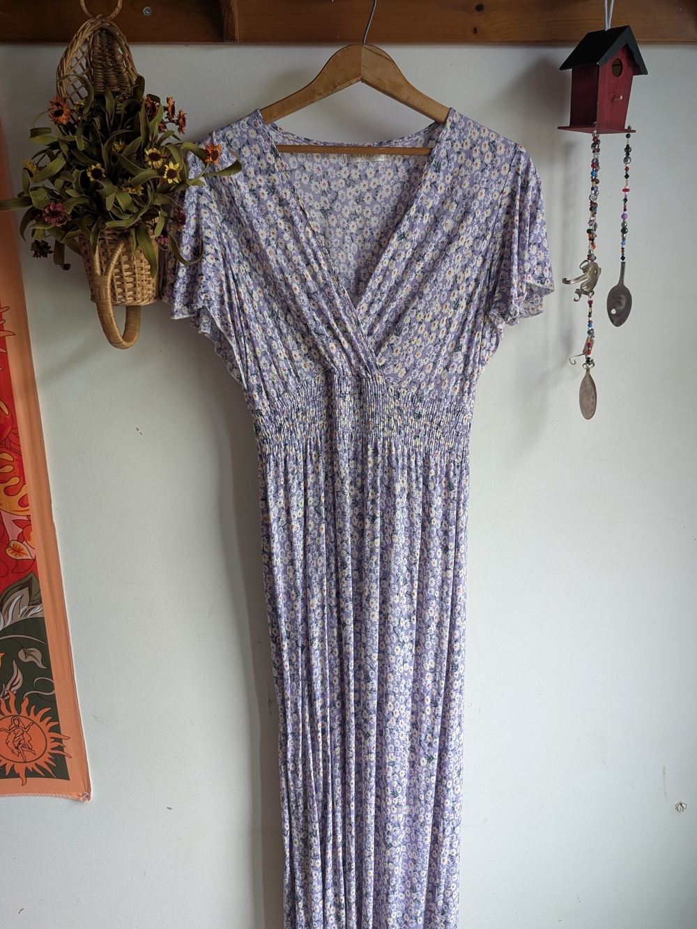 Lavender Floral Maxi Dress with Smocked Waist and Flutter Sleeves